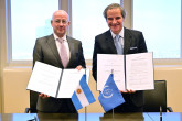 Rafael Mariano Grossi, IAEA Director-General, met with Germán Guido Lavalle, President of the Argentine National Commission of Atomic Energy (CNEA) as they sign the amendment for inclusion of Garrahan Paediatric Hospital to the Argentinian Anchor Centre consortium during his official visit to the Agency headquarters in Vienna, Austria. 4 March 2025.